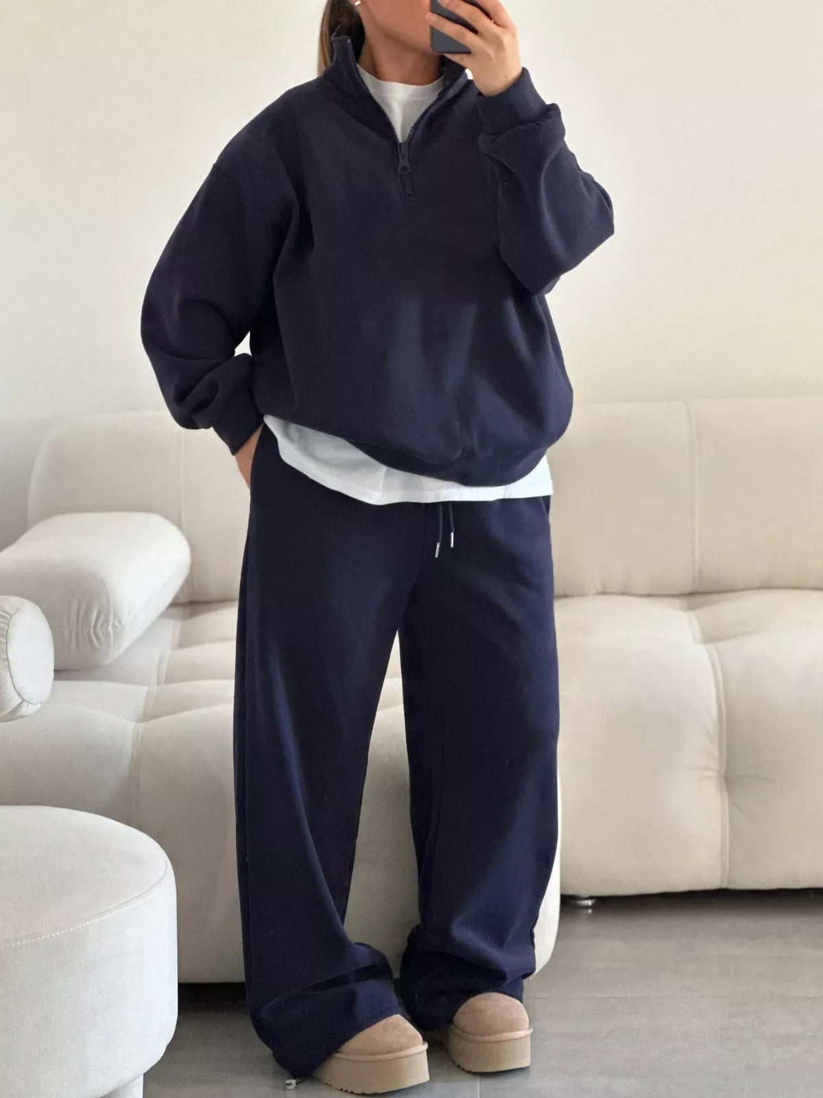 Quarter-Zip Top and Wide-Leg Sweatpants Set