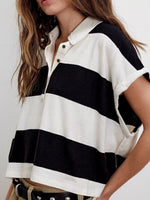 Half Button Striped Short Sleeve Cropped Polo Shirt