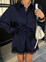Lace Trim Striped Button-Down Shirt and Shorts Set