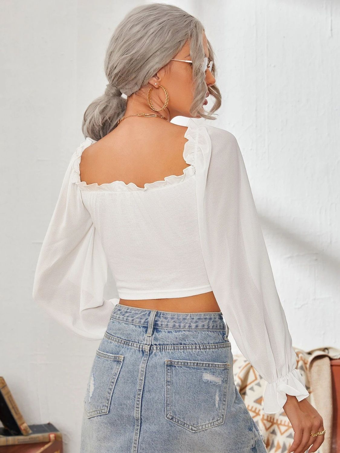 Mesh Sweetheart Neck Flounce Sleeve Top - Ladyez
