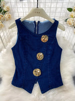 Button Detail Vest and Flare Jeans Denim Set