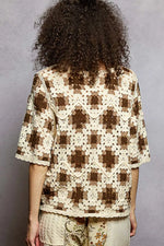 POL Round Neck Short Sleeve Color Pattern Crochet Top with Border Accents