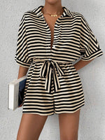 Tie Waist Half Button Striped Romper - Ladyez