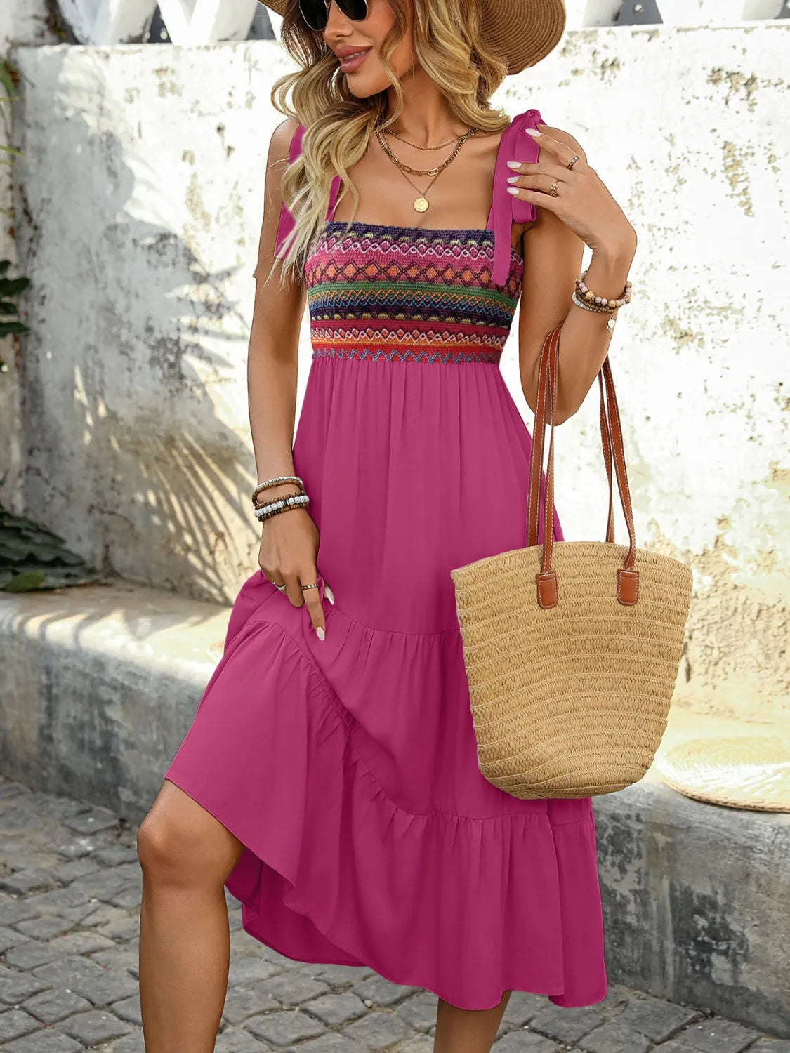 Tie Shoulder Tiered Midi Dress