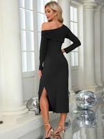 Slit One Shoulder Long Sleeve Dress - Ladyez