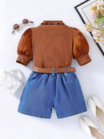 Children's Puff Sleeve Top and Denim Shorts Set
