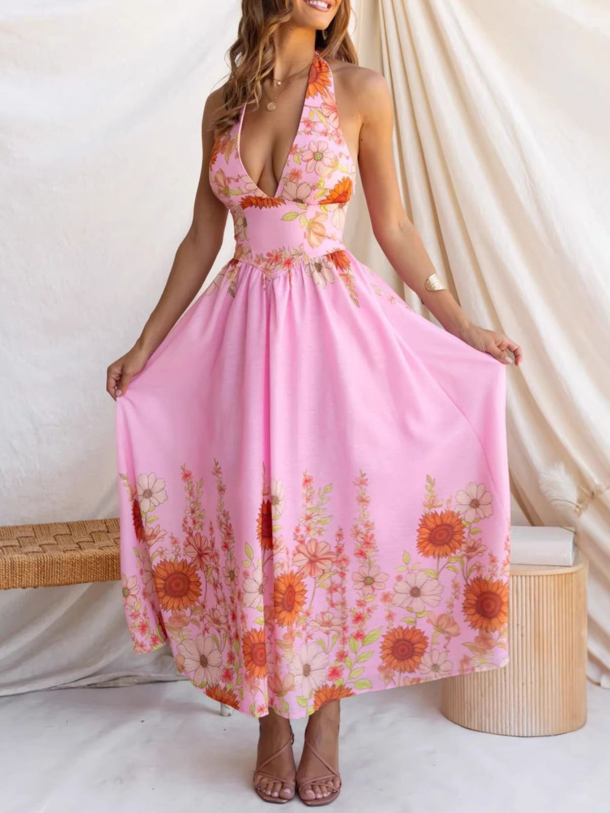 Floral Print Halter Neck Maxi Dress