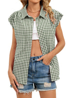 Plaid Button Up Cap Sleeve Shirt