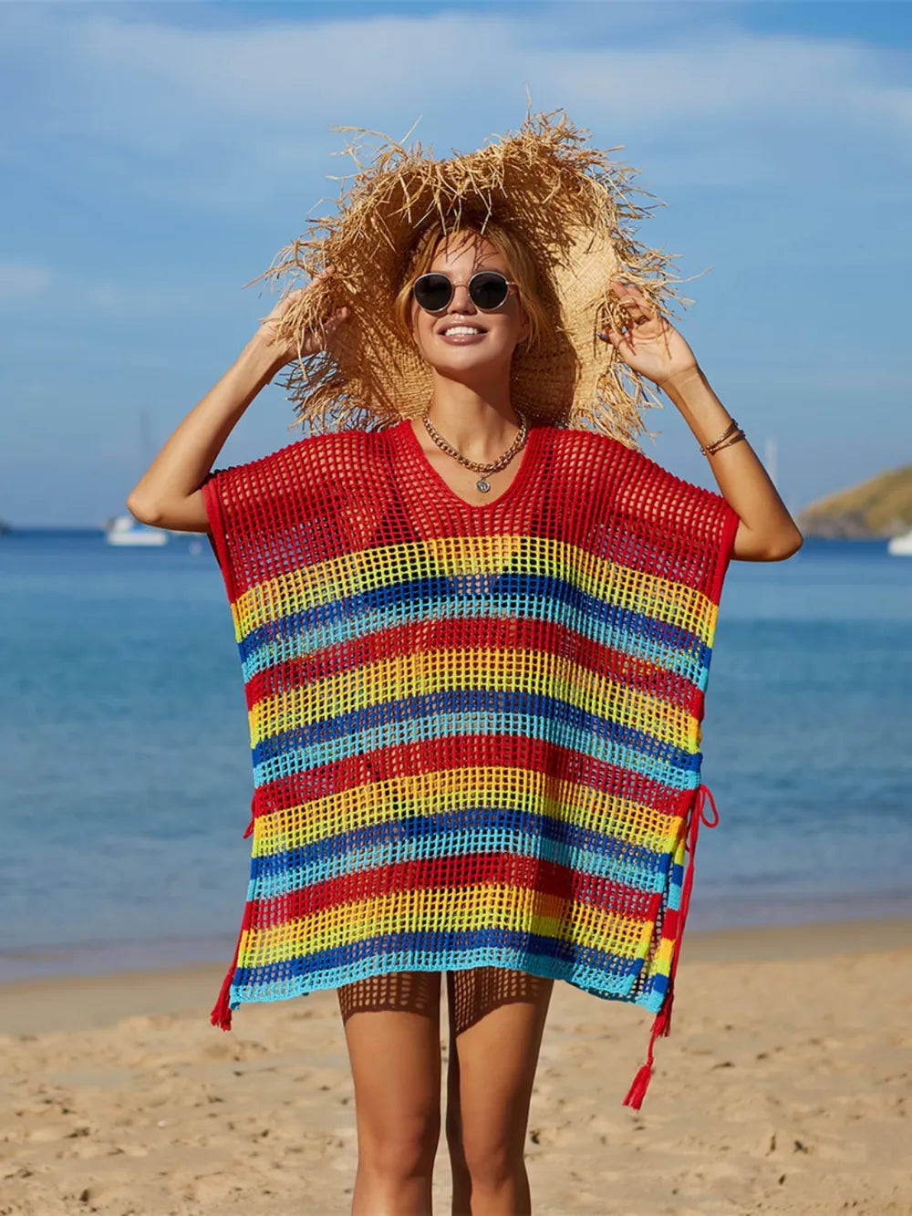 Angel Wings Cutout Striped Cover-Up with Tassel - Ladyez