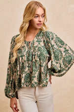 BiBi Printed Woven Front Tied Blouse with Baloon Sleeve
