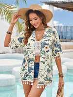 Tassel Printed Open Front Half Sleeve Cover-Up - Ladyez