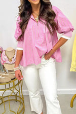 Stripe Striped V-Neck Half Sleeve Zipper Ribbed Cuff Casual Shift Blouse