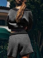 Collared Neck Contrast Striped Top and Shorts Sweater Set