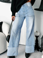 High-Waisted Wide-Leg Jeans with Cuffed Hem - Ladyez