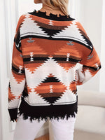 Geometric Frayed Hem V-Neck Long Sleeve Sweater