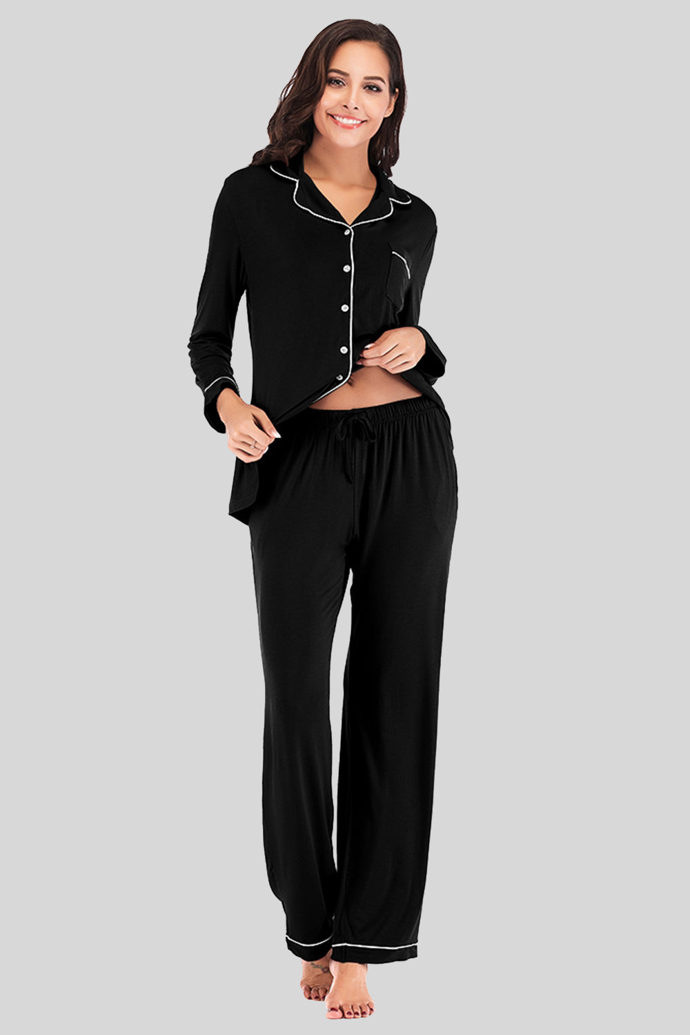 Collared Neck Long Sleeve Loungewear Set with Pockets - Ladyez
