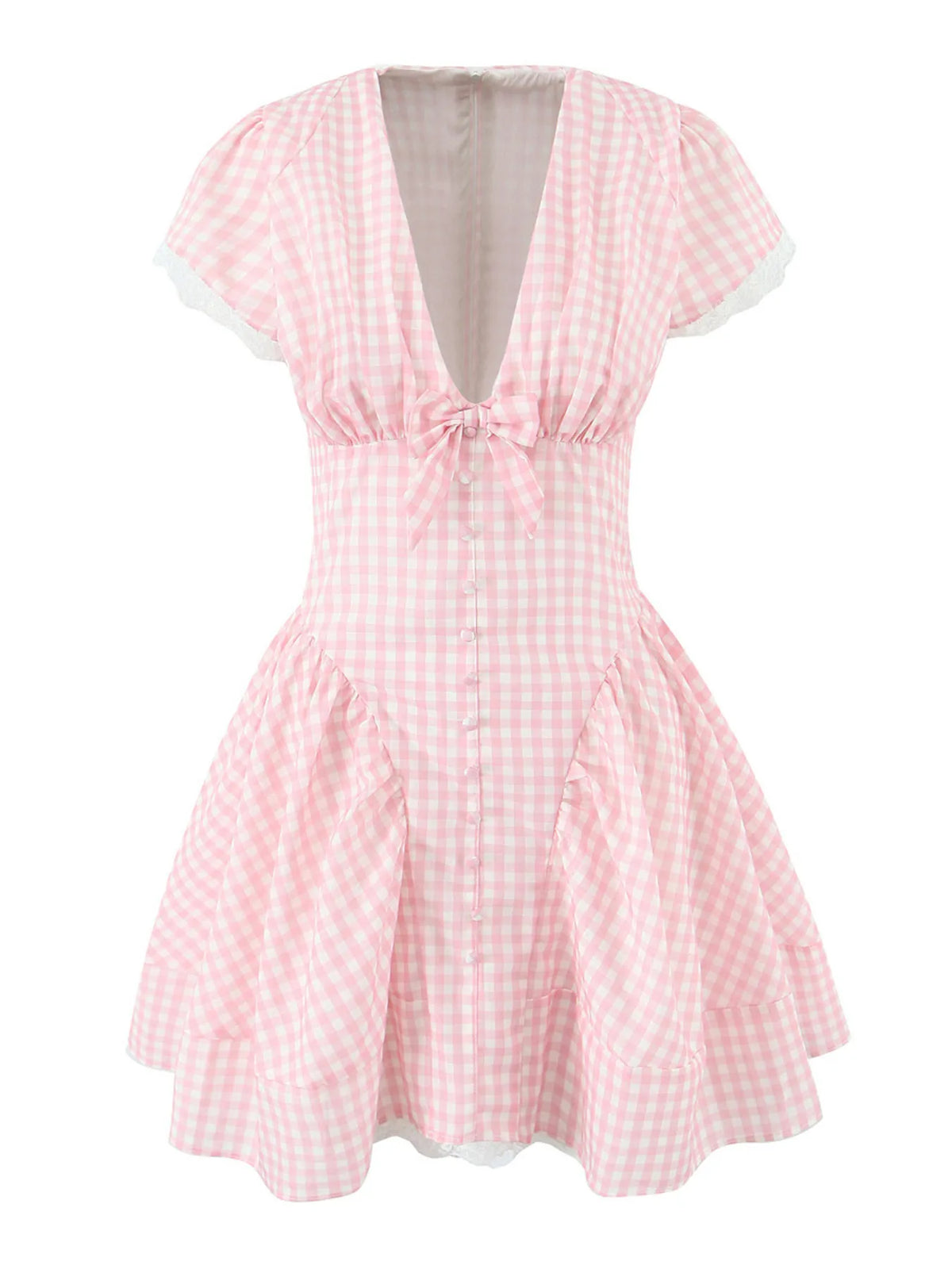 Gingham Ruffle Mini Dress with Lace Trim - Ladyez