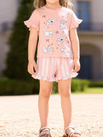 Children's Cat Round Neck Tee and Shorts Set