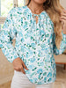 Floral Print Frilled Trim Tie Neck Elastic Cuffs Long Sleeve Blouse