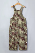 Camouflage Print Leopard Detail Loose Denim Overall Cropped Jumpsuit