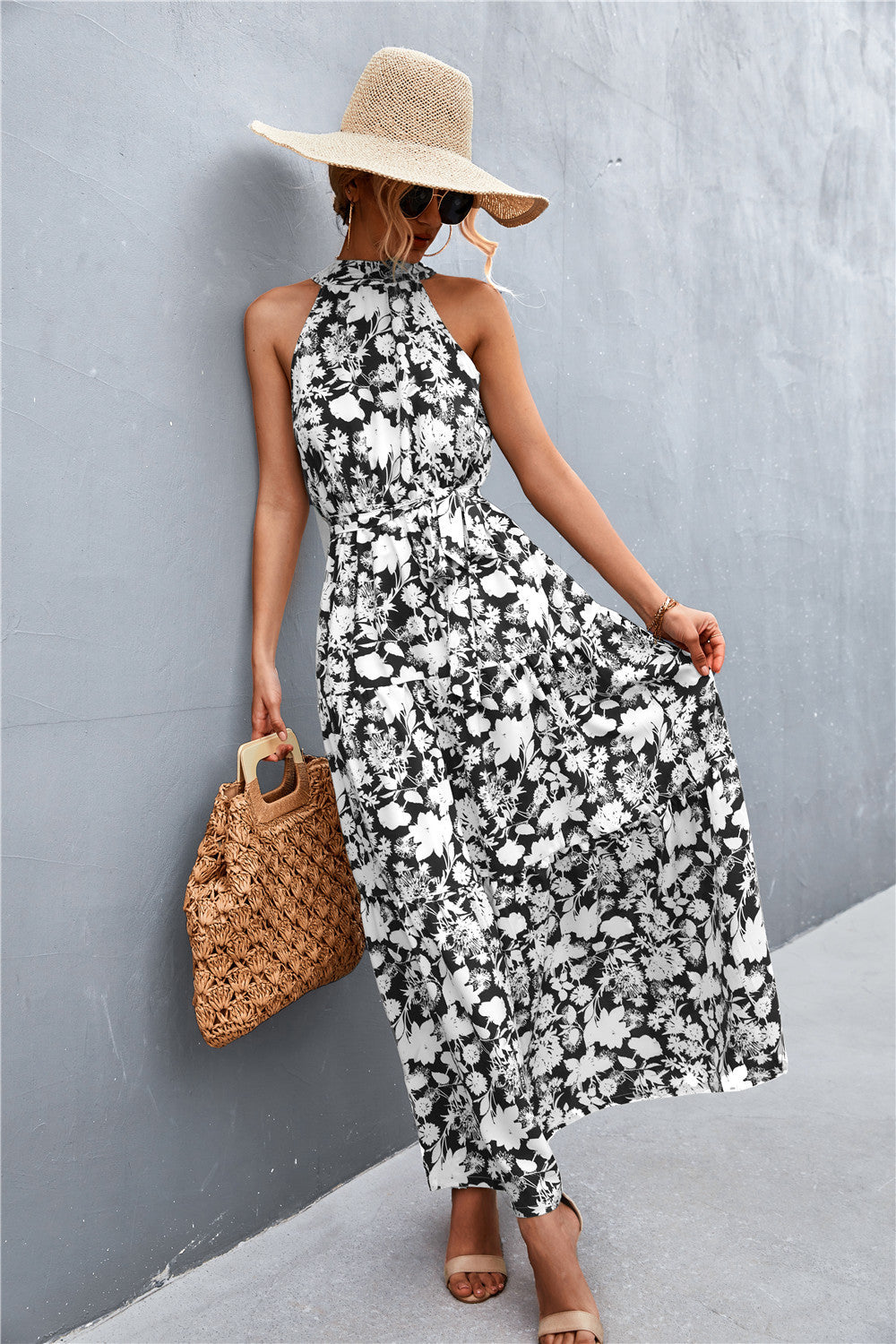 Printed Sleeveless Tie Waist Maxi Dress - Ladyez