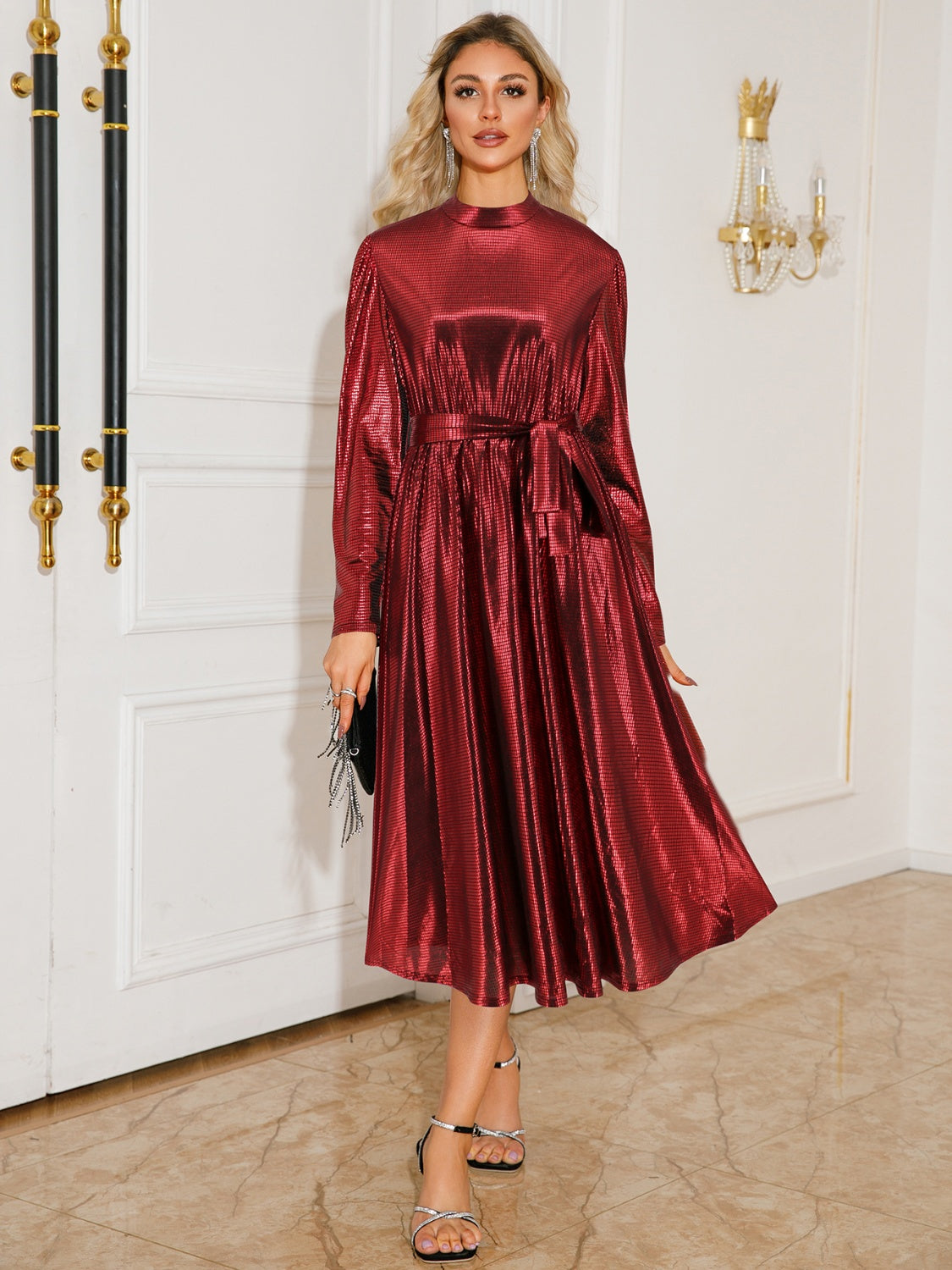 Tie Waist Long Sleeve Midi Dress - Ladyez