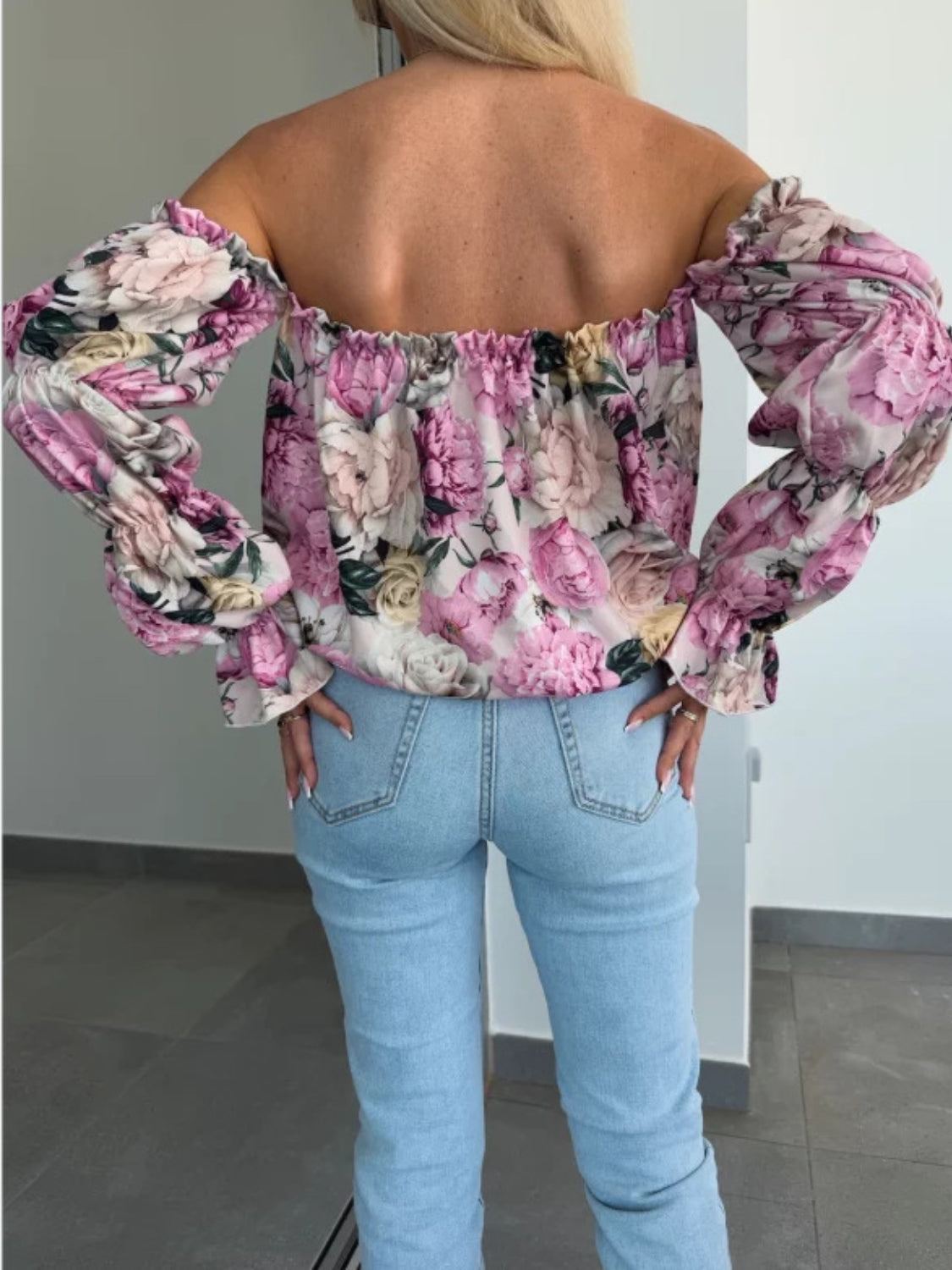 Printed Off-Shoulder Flounce Sleeve Blouse - Ladyez