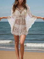 Lace V-Neck Three-Quarter Sleeve Cover Up - Ladyez