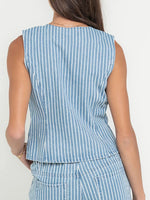 Striped Button Up Sleeveless Top and Jeans Denim Set