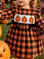 Children's Halloween Plaid Pumpkin Smocked Dress