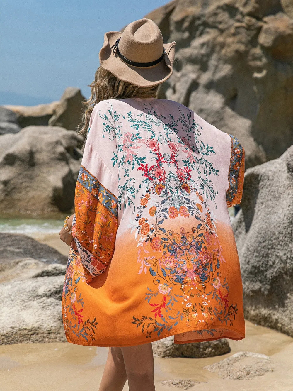 Printed Open Front Long Sleeve Cover-Up - Ladyez