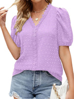 Puff Sleeve Swiss Dot Lace Trim Blouse
