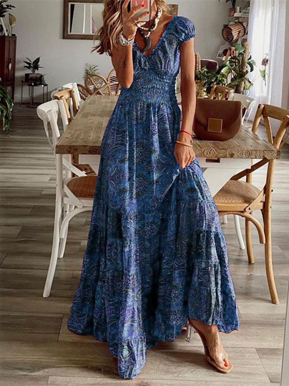 Full Size Smocked Printed V-Neck Short Sleeve Dress - Ladyez