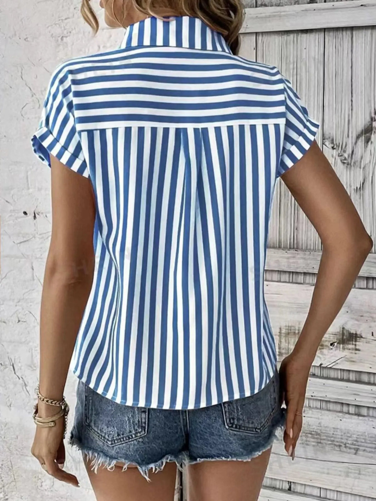Striped Button-Up Short Sleeve Shirt with Pocket - Ladyez