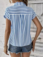 Striped Button-Up Short Sleeve Shirt with Pocket - Ladyez