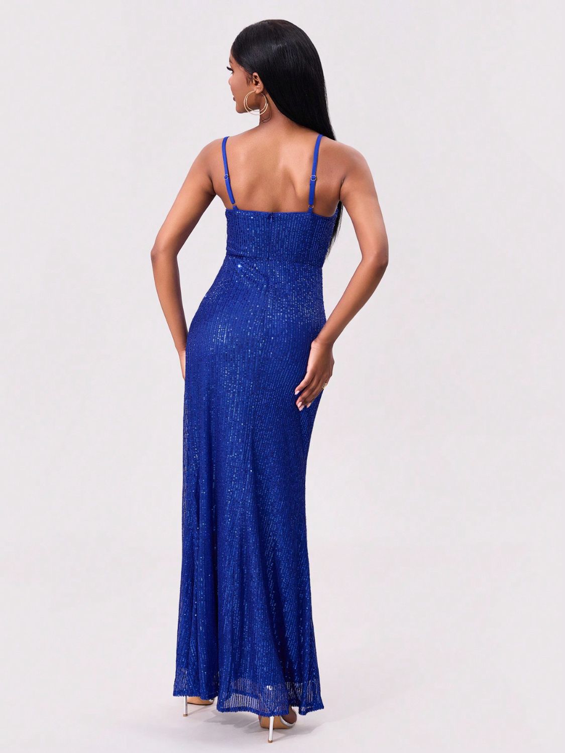 Slit Sequin Square Neck Spaghetti Strap Dress - Ladyez