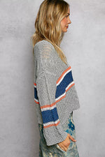 POL V-Neck Striped Pattern Cropped Knit Top with Cable Knit Detail