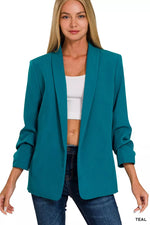 Zenana Woven 3/4 Ruched Sleeve Open Front Classic Blazer