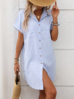 Striped Button Down Short Sleeve Mini Dress - Ladyez