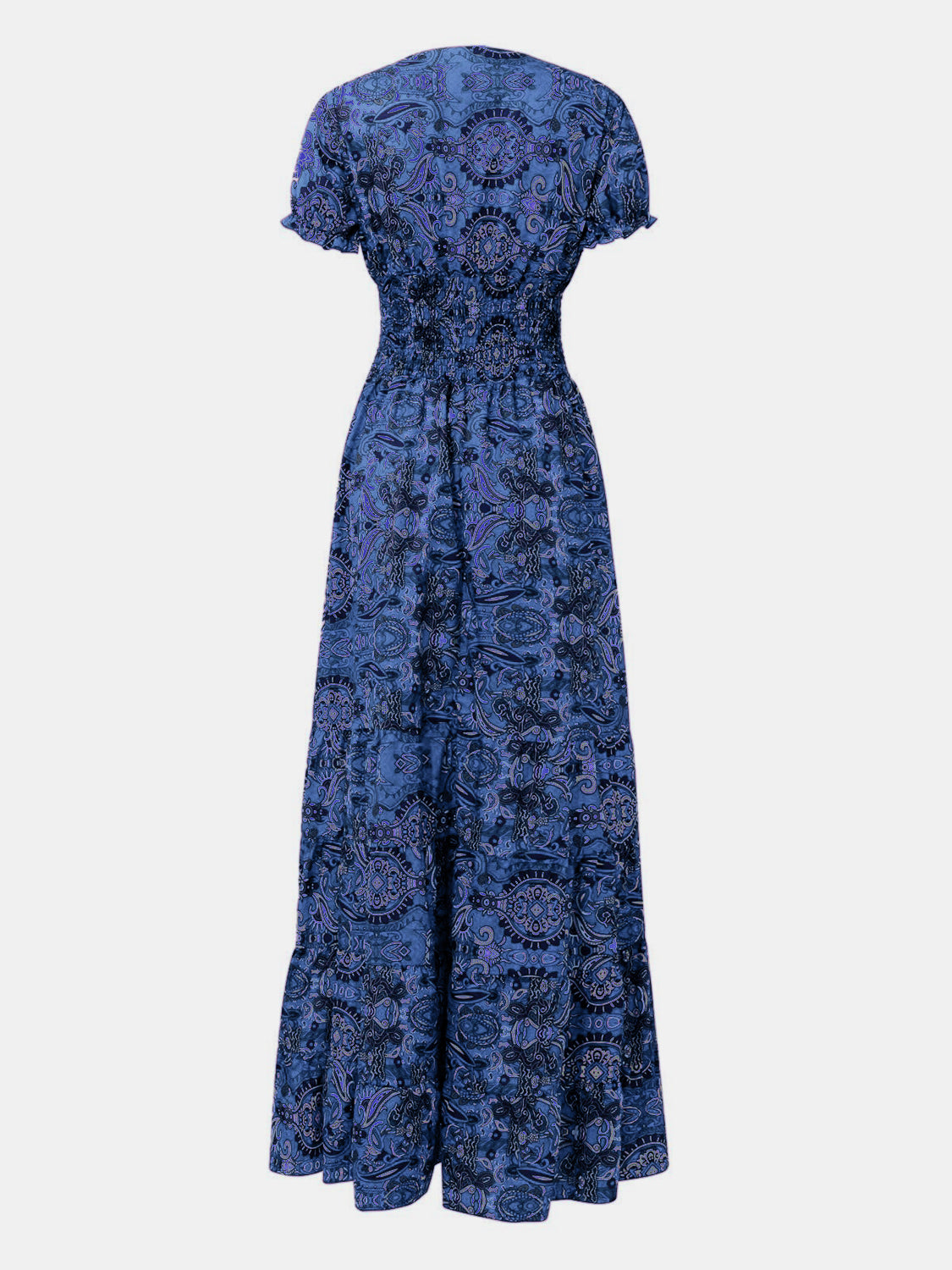 Full Size Smocked Printed V-Neck Short Sleeve Dress - Ladyez
