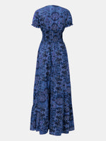 Full Size Smocked Printed V-Neck Short Sleeve Dress - Ladyez