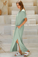 Slit Pocketed Short Sleeve Dress - Ladyez