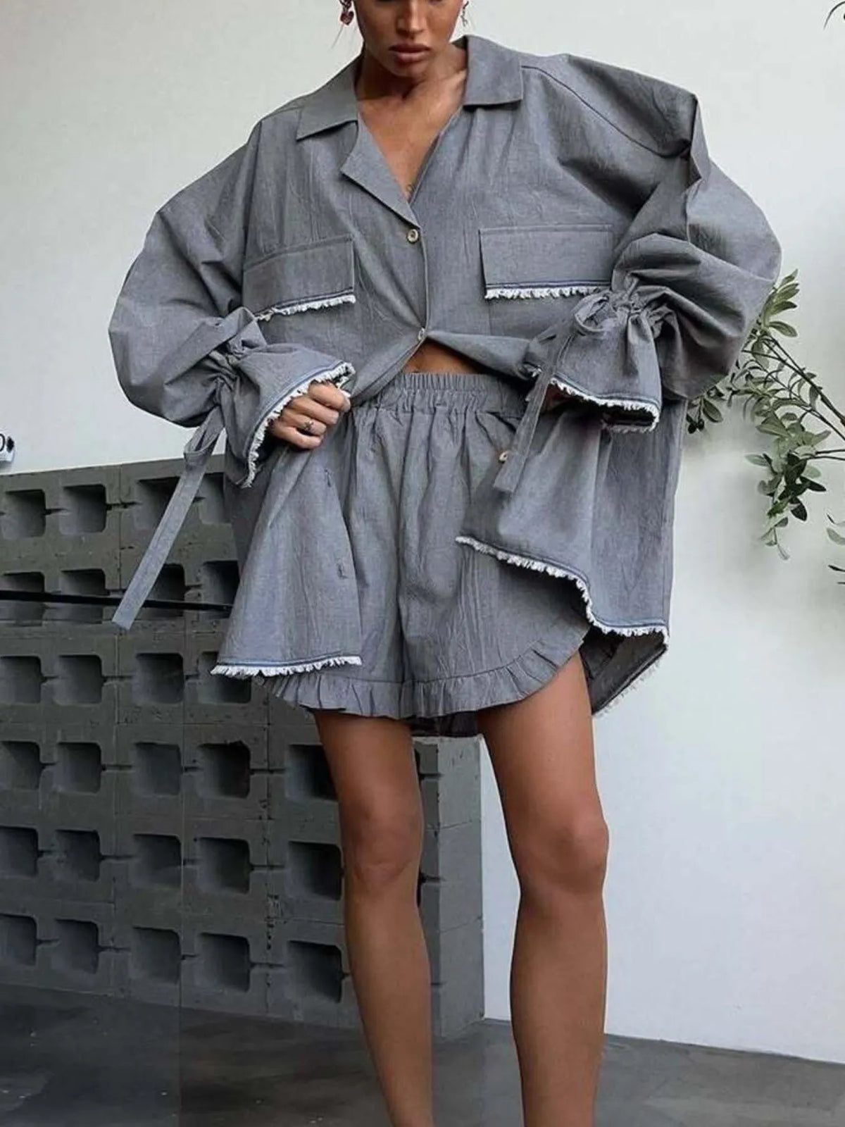 Button Up Flounce Sleeve Top and Shorts Set - Ladyez