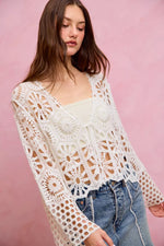 SO ME Floral Pattern Crochet Knit Tie Front Crop Cardigan