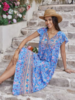 Ruffled Printed Tie Neck Cap Sleeve Dress - Ladyez