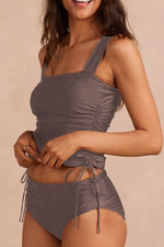 Drawstring Ruched Wide Straps Tankini Set - Ladyez