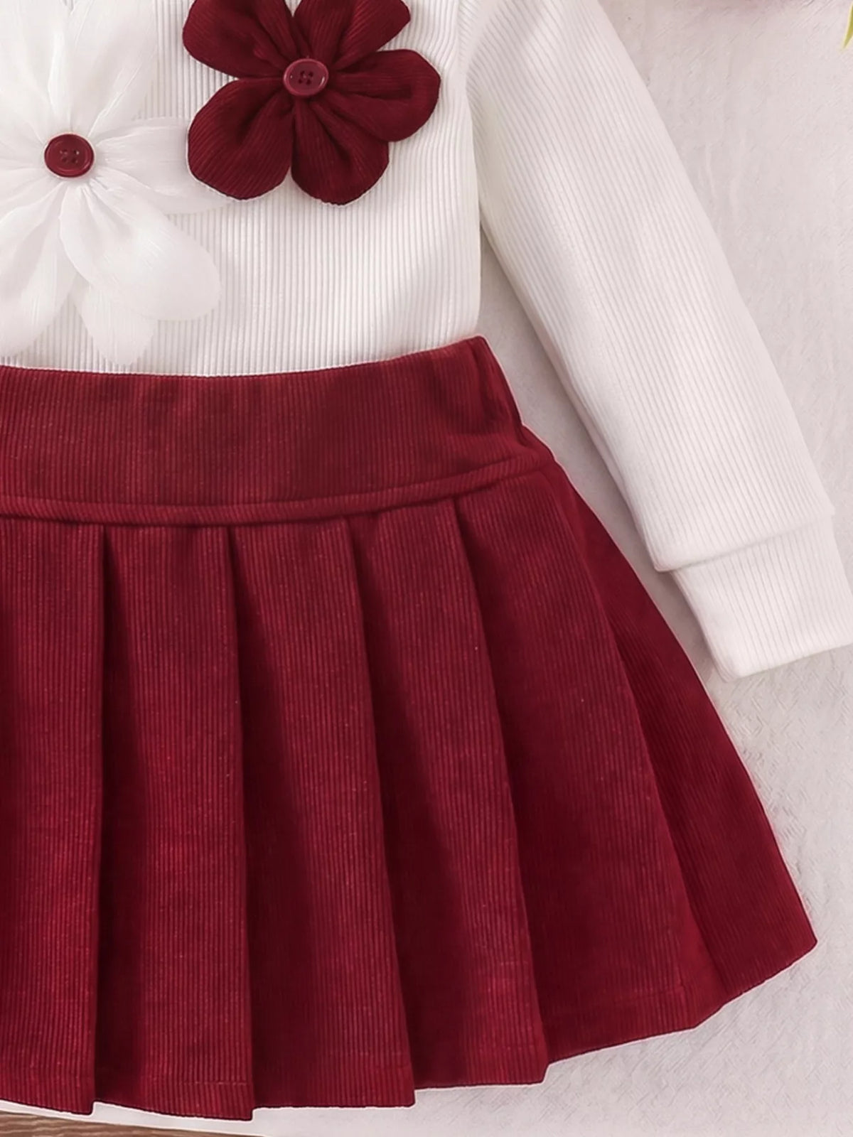 Children's Floral Applique Mock Neck Top and Pleated Skirt Set