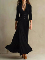 Velvet Button Front 3/4 Sleeve Maxi Dress
