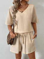V-Neck Half Sleeve Top and Shorts Set - Ladyez