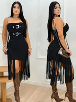 Buckle Detail Fringe Hem Bodycon Dress